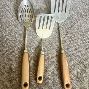 VINTAGE EKCO THREE PIECE UTENSILS. Long Spatula Short Spatula Slotted Spoon USA